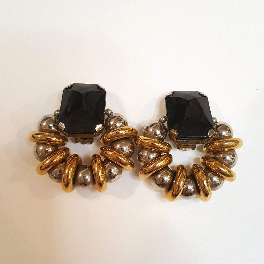 Onyx, gold, and silver clip on earrings